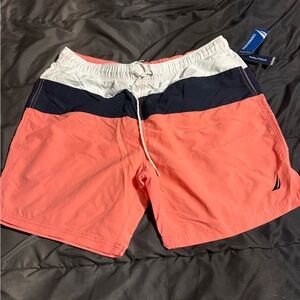 Nautica Men’s Coral, Navy & White Colorblock Swim Trunks